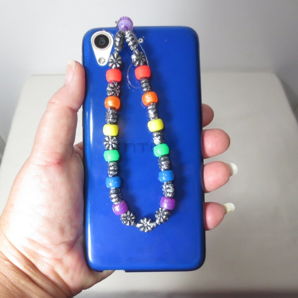 Handmade Stretch Bracelet Rainbow & Silver Beaded Phone Charm Accessory Lanyard